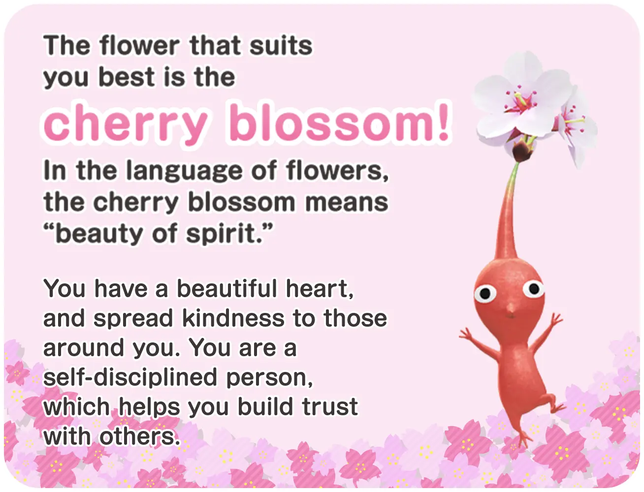 The flower that suits you the best is the Cherry Blossom!!